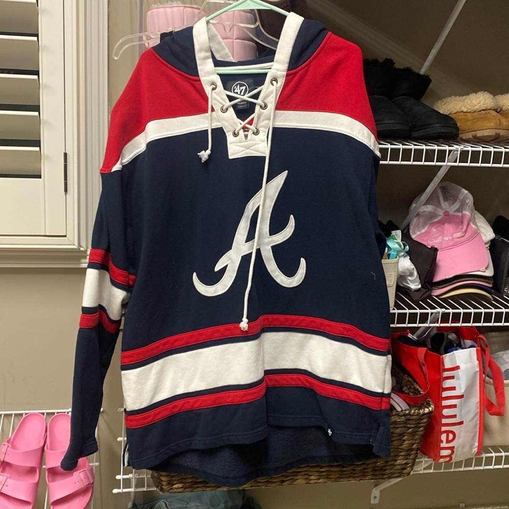 '47 Men's Navy Red White Lace-Up Pullover Hoodie with A Script Logo